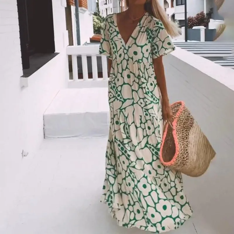 Summer New Women Dress Floral Print Short Sleeve V Neck Long Dress Elegant Fashion Casual Outfit Beach Holiday Wear Comfortable
Summer New Women Dress Floral Print Short Sleeve V Neck Long Dress Elegant Fashion Casual Outfit Beach Holiday Wear Comfortable