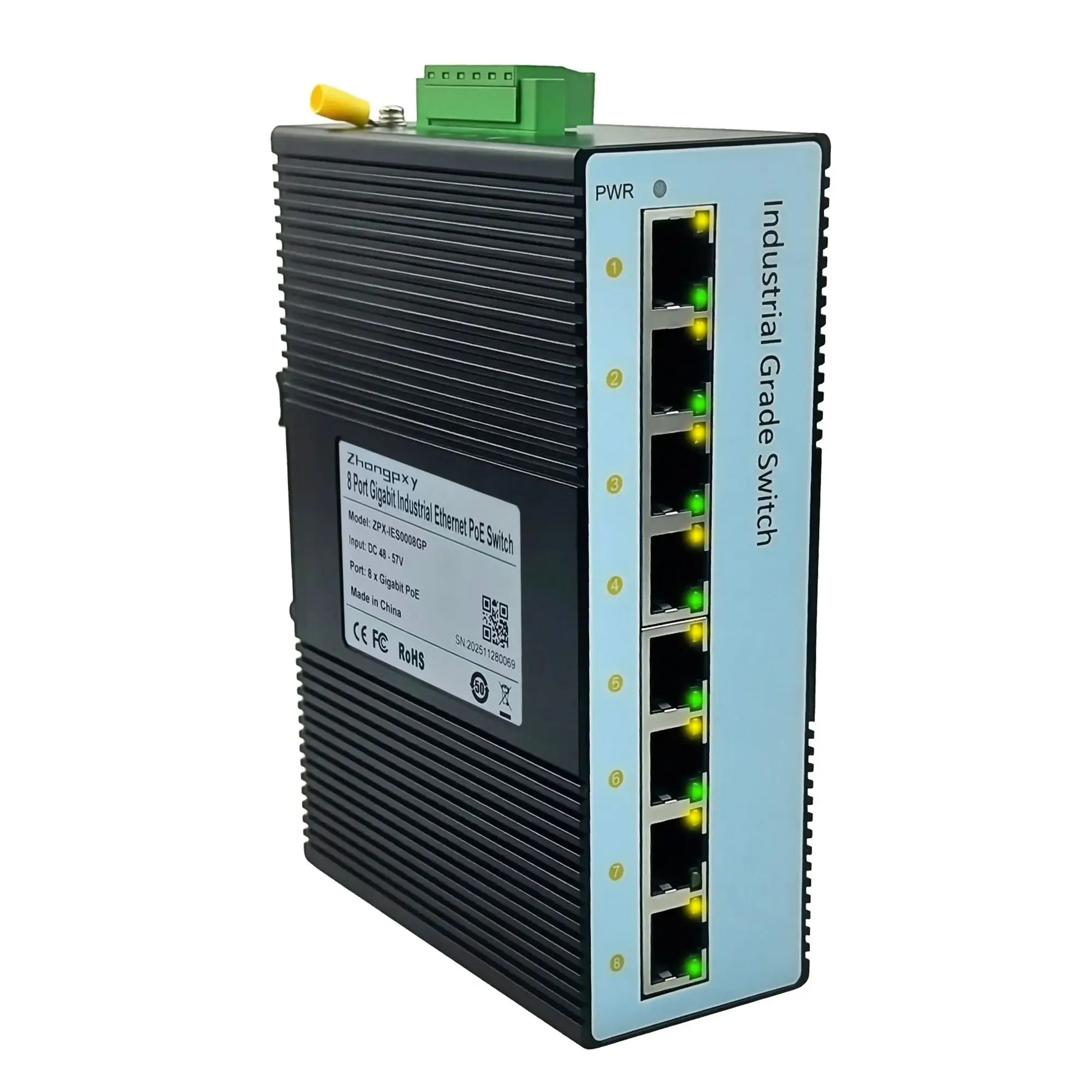 Industrial Ethernet Switch 8×Gigabit RJ45 | 8-Port Unmanaged DIN-Rail Switch | IP40 Aluminum | 12–52V DC | -40~85℃
Industrial Ethernet Switch 8×Gigabit RJ45 | 8-Port Unmanaged DIN-Rail Switch | IP40 Aluminum | 12–52V DC | -40~85℃