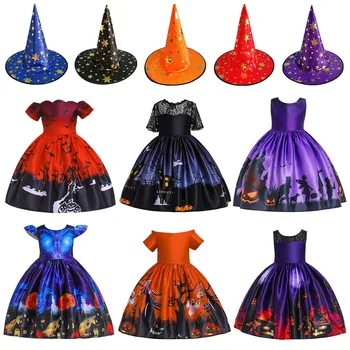 New Halloween Pattern Girls Witch Dress Kids Carnival Party Costume Pumpkin Cosplay Princess Dress 5-12Year