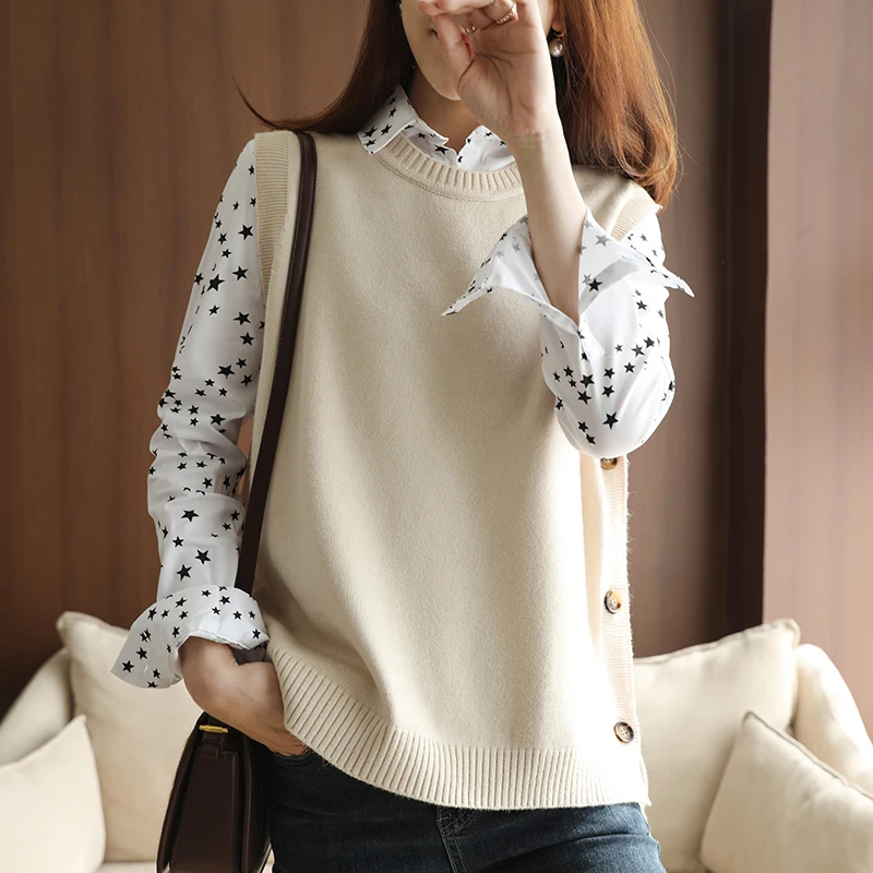 Ladies' Loose Fit Pure Wool Vest Spring Autumn New Sle Outerwear oulder Pad Knitted Sweater round Ne Single Button Closure
Ladies' Loose Fit Pure Wool Vest Spring Autumn New Sle Outerwear oulder Pad Knitted Sweater round Ne Single Button Closure