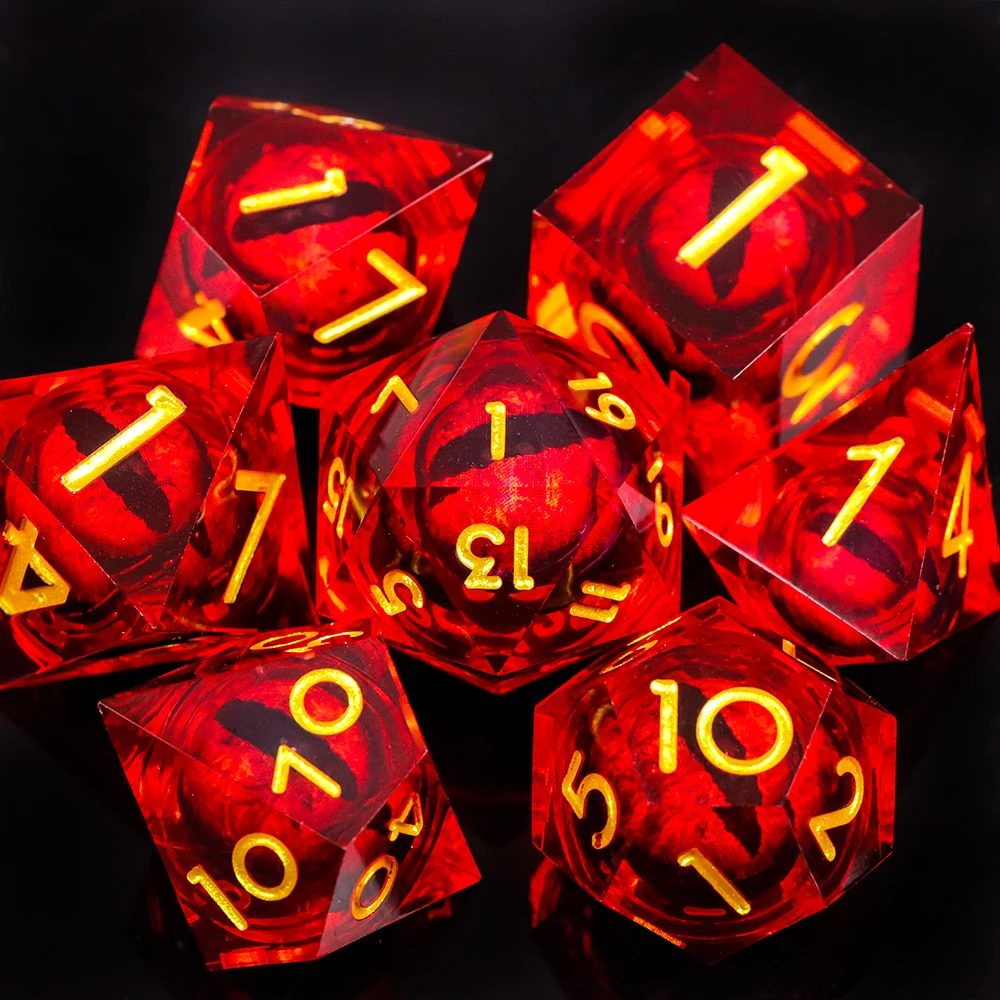 Sharp Edge Liquid Core DND Dice Set 7Pcs Red Transparent Resin Movable Dragon Eye Polyhedral Dice Gold Number RPG Tabletop Game
Sharp Edge Liquid Core DND Dice Set 7Pcs Red Transparent Resin Movable Dragon Eye Polyhedral Dice Gold Number RPG Tabletop Game