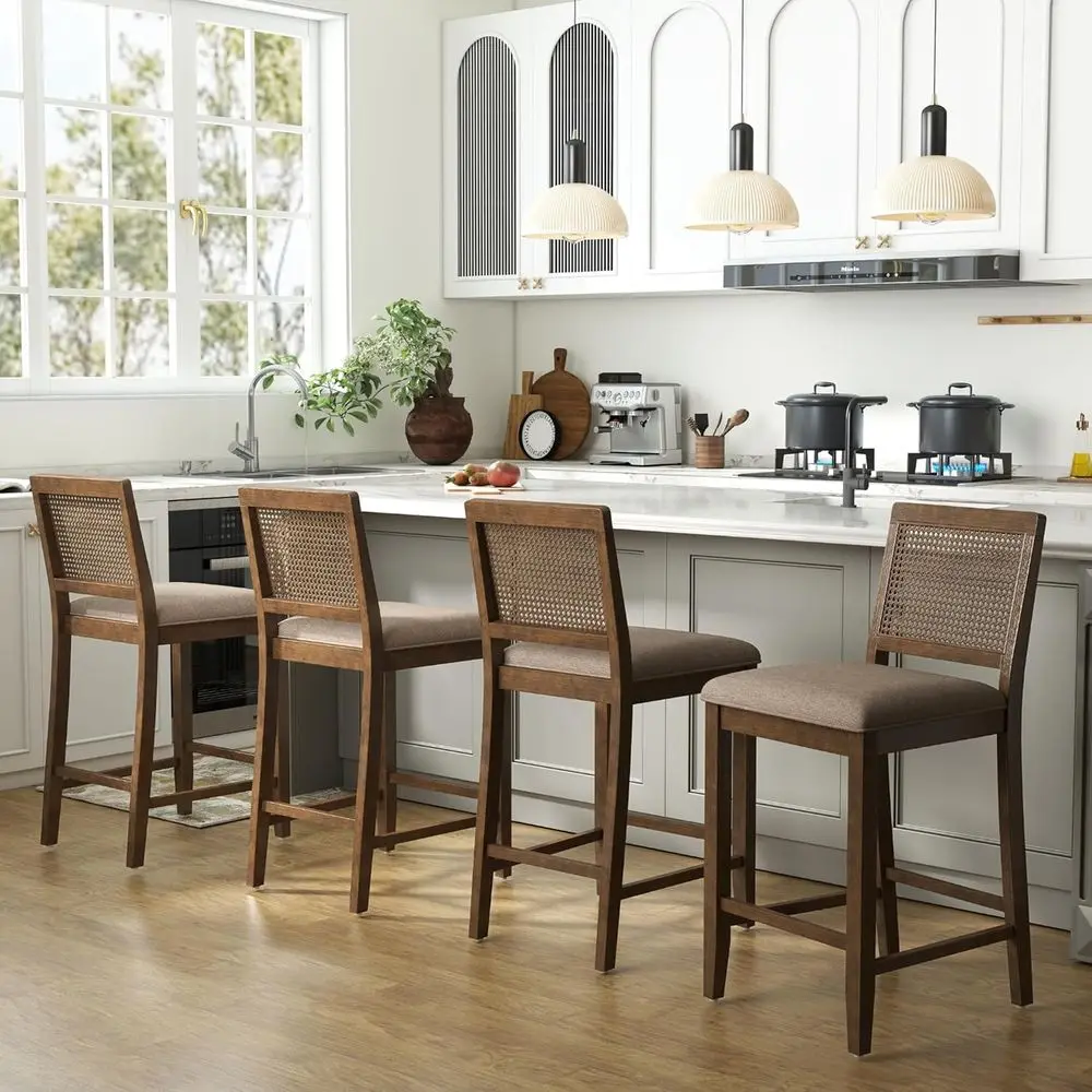 Set of 4 Wooden Counter Height Bar Stools with Rattan Woven Back and Chenille Seat - Mid-Century Modern Style
Set of 4 Wooden Counter Height Bar Stools with Rattan Woven Back and Chenille Seat - Mid-Century Modern Style