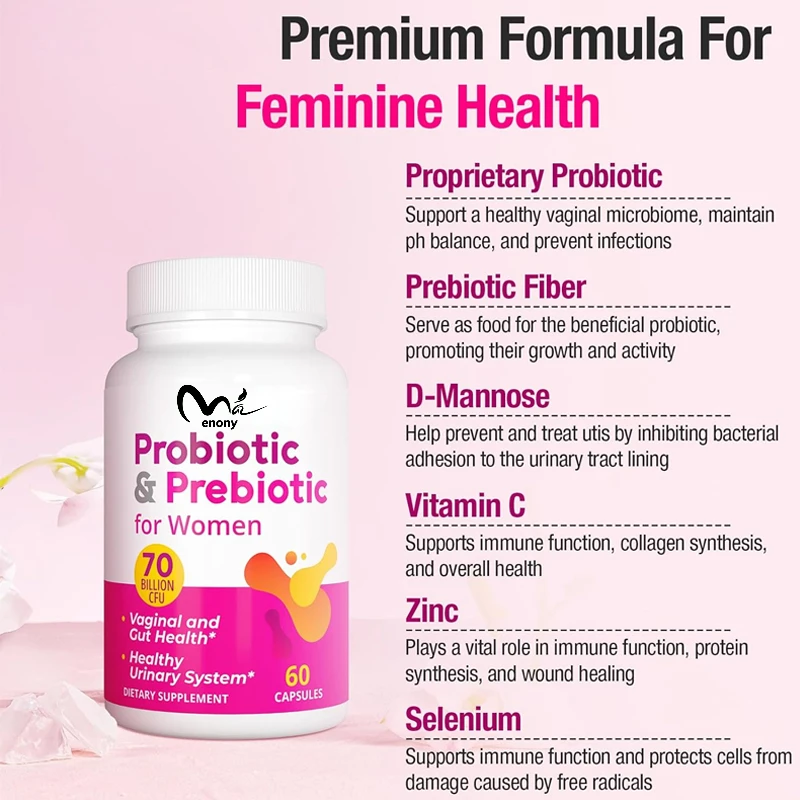 Female probiotics, 70 billion colony units of prebiotics and D-mannose, used for urinary immunity digestive health, pH balance
Female probiotics, 70 billion colony units of prebiotics and D-mannose, used for urinary immunity digestive health, pH balance