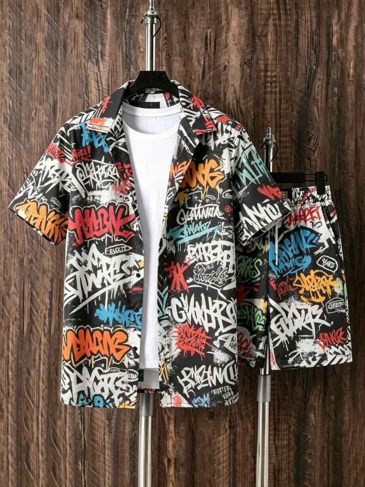 Men's Short Sleeve Shirt & Shorts Set, Loose Comfort Street Graffiti Print Casual Summer Outfit
Men's Short Sleeve Shirt & Shorts Set, Loose Comfort Street Graffiti Print Casual Summer Outfit