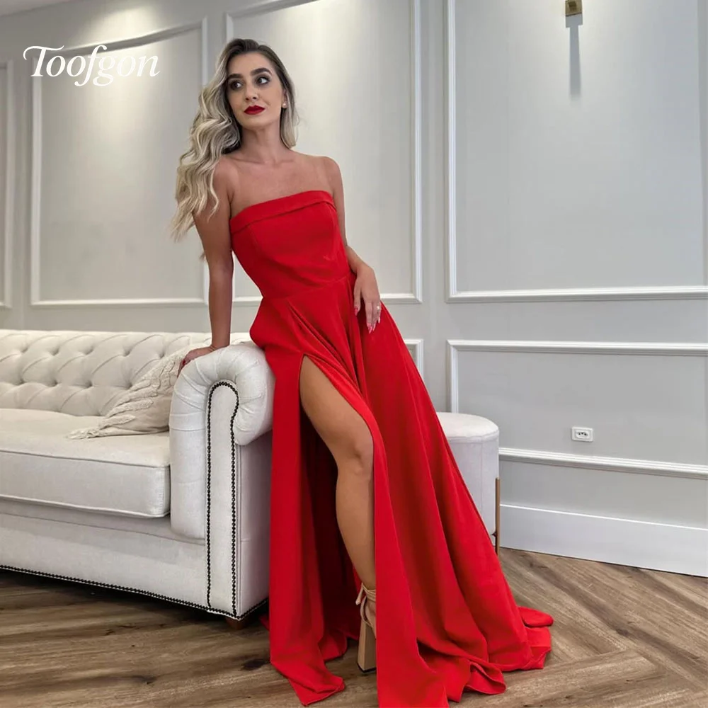 Toofgon Red Satin Long Prom Dresses Customized Strapless Sexy High Leg Slit Formal Party Evening Gowns Women Engagement Wear
Toofgon Red Satin Long Prom Dresses Customized Strapless Sexy High Leg Slit Formal Party Evening Gowns Women Engagement Wear