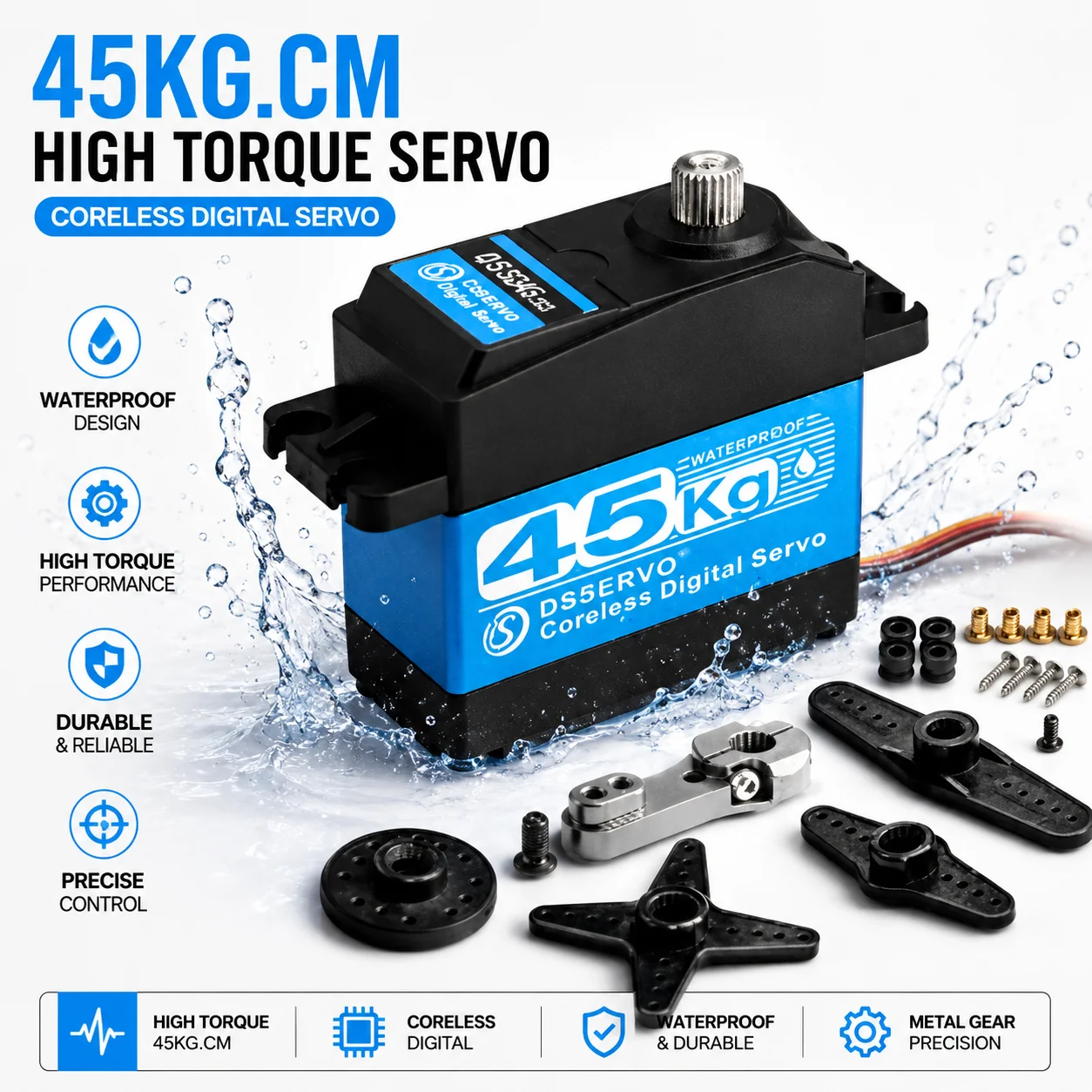 45kg.cm High Torque Coreless Digital Servo 7.4V 180°/270° IP67 Waterproof with 25T Metal Gear for 1:8 1:10 RC Baja Car
45kg.cm High Torque Coreless Digital Servo 7.4V 180°/270° IP67 Waterproof with 25T Metal Gear for 1:8 1:10 RC Baja Car