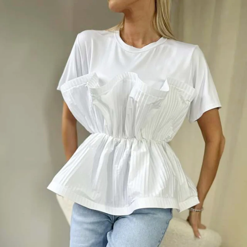 High Waist White Elegant Women T-shirts Fashion Short Sleeve Top Summer Cotto Blend Round Neck Folds Patchwork New Tee 2025
High Waist White Elegant Women T-shirts Fashion Short Sleeve Top Summer Cotto Blend Round Neck Folds Patchwork New Tee 2025