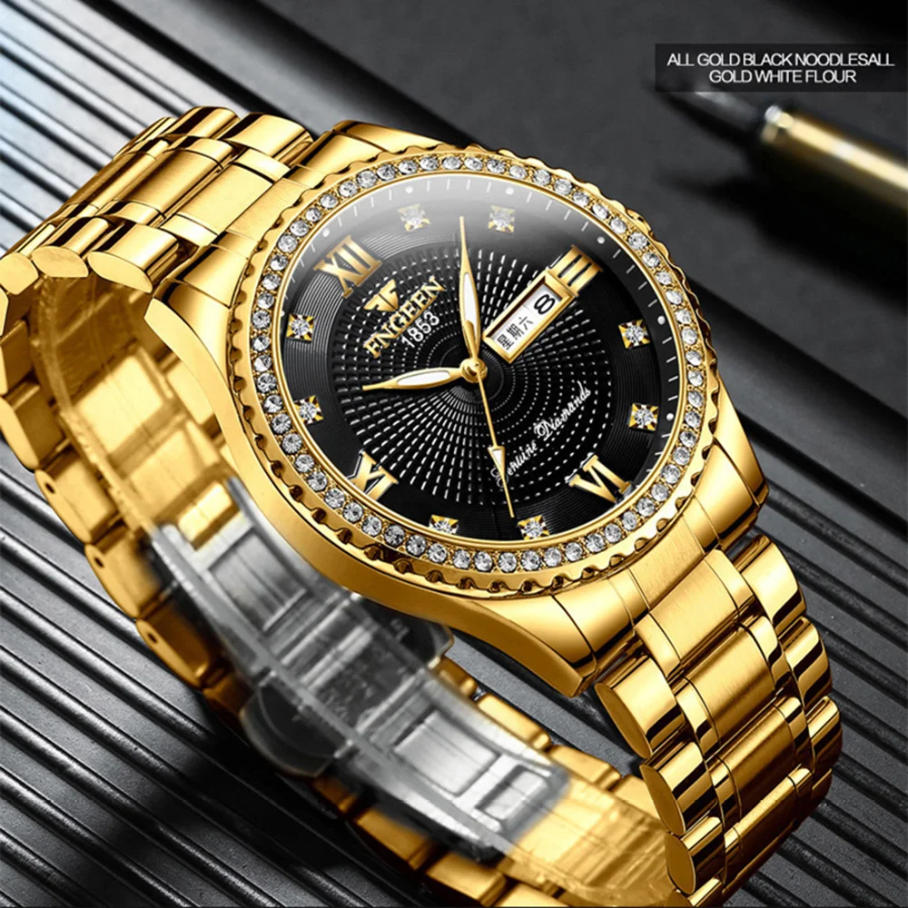 2023 New Luxury Watch Diamond Gold Black Stainless Steel Quartz Waterproof Luminous Week Date Wristwatches Men Business For Gift
2023 New Luxury Watch Diamond Gold Black Stainless Steel Quartz Waterproof Luminous Week Date Wristwatches Men Business For Gift
