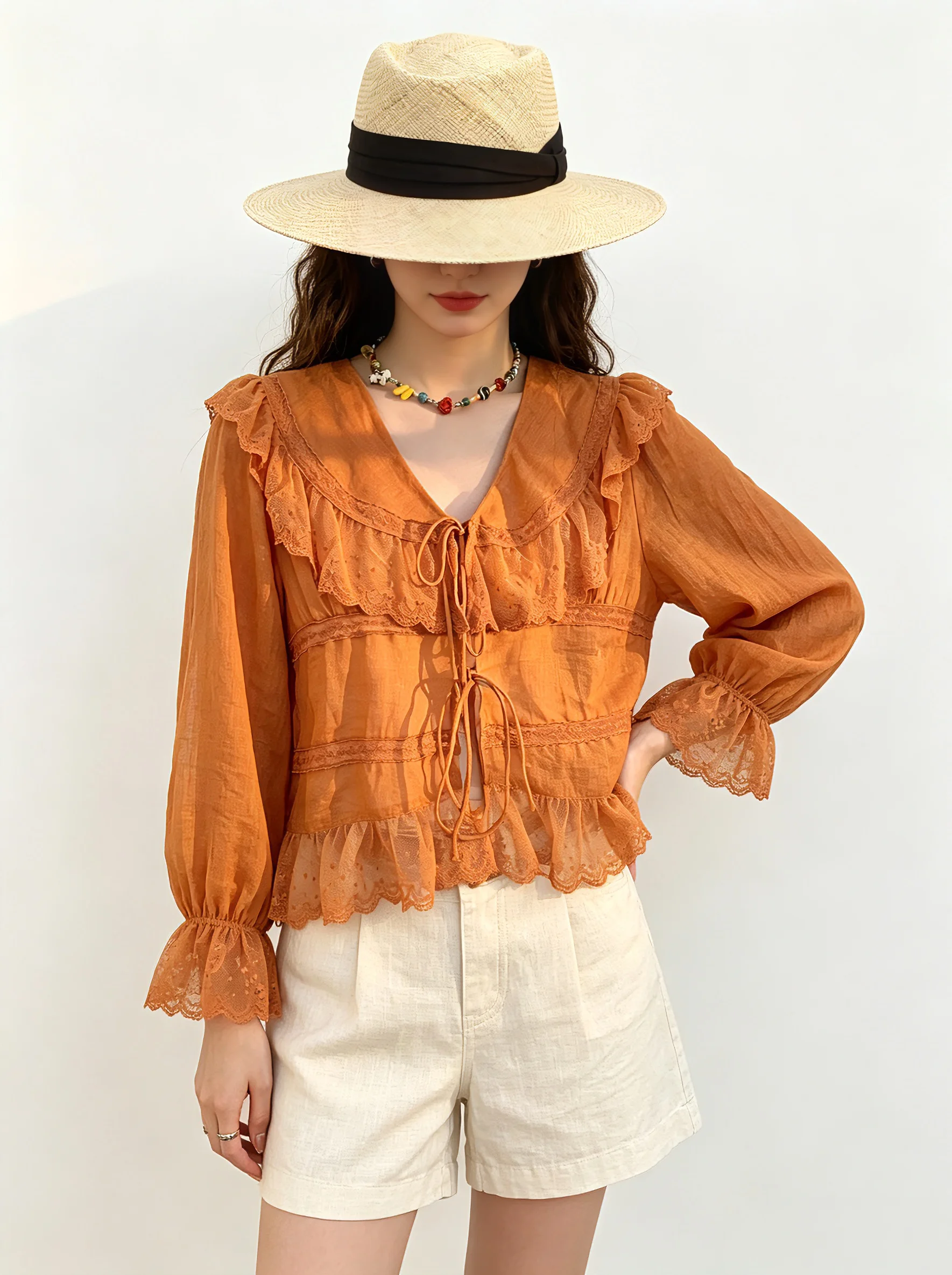 Orange V-Neck Lace Splice Bubble Sleeve Belted Long Sleeve Shirt Summer Elegant Top Women Casual Style Loose Fit Polyester Blend
Orange V-Neck Lace Splice Bubble Sleeve Belted Long Sleeve Shirt Summer Elegant Top Women Casual Style Loose Fit Polyester Blend