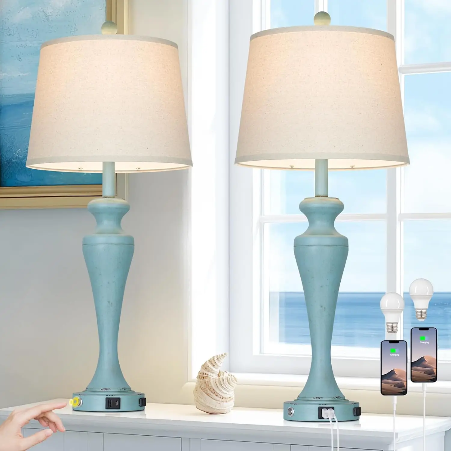 30" Blue Table Lamps Set of 2, Touch Control with USB A+C Ports and AC Outlet, Vintage Farmhouse Bedroom Lamp for Nightstand
30" Blue Table Lamps Set of 2, Touch Control with USB A+C Ports and AC Outlet, Vintage Farmhouse Bedroom Lamp for Nightstand