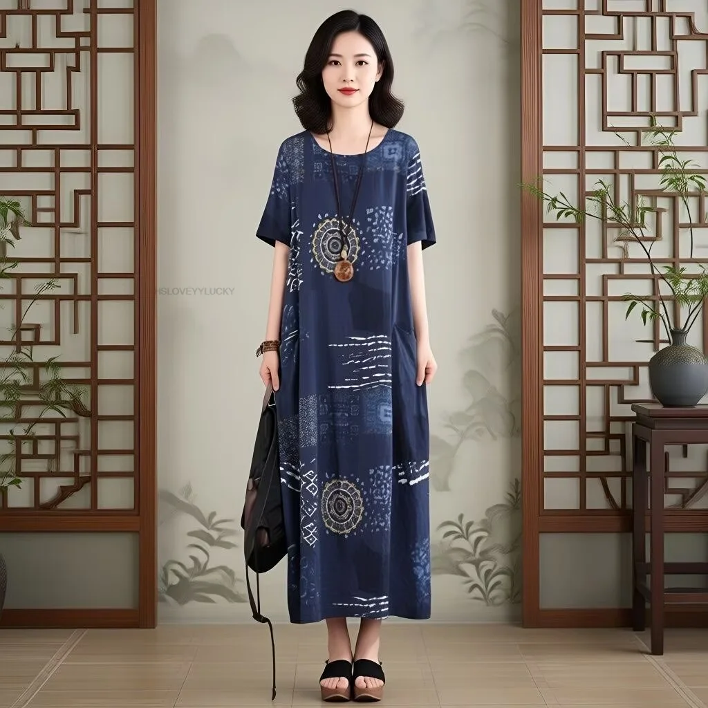 Chinese Ethnic Style Literature Art Printed Robe Summer Breathable Comfortable Casual Cotton Linen Dress Daily Retro Blue Dress
Chinese Ethnic Style Literature Art Printed Robe Summer Breathable Comfortable Casual Cotton Linen Dress Daily Retro Blue Dress