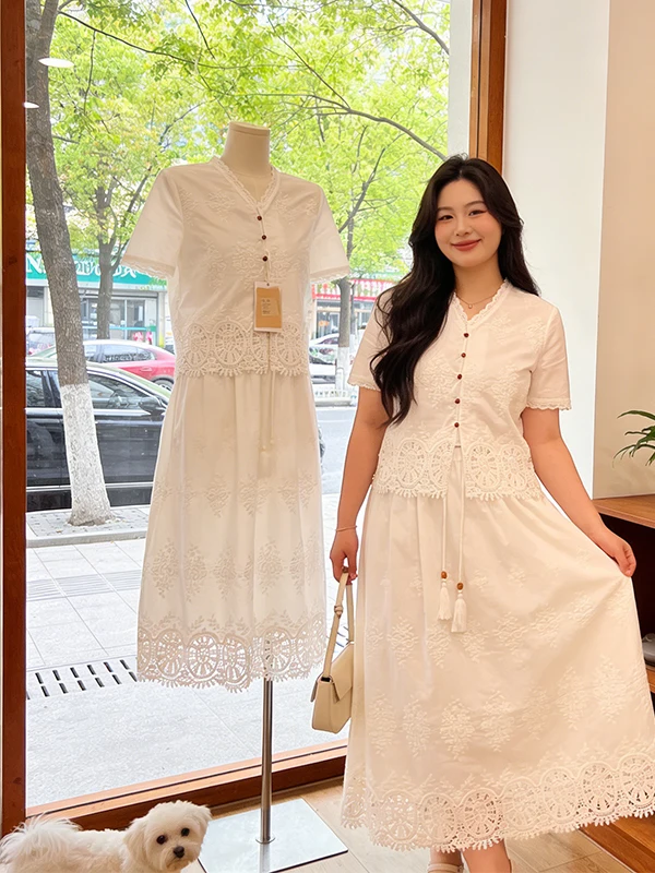plus Size Embroidered Shirt Set Women's Summer New Style High Waist Skirt Two Piece Set Korean Loose Fit Short Sleeve V ...
plus Size Embroidered Shirt Set Women's Summer New Style High Waist Skirt Two Piece Set Korean Loose Fit Short Sleeve V ...