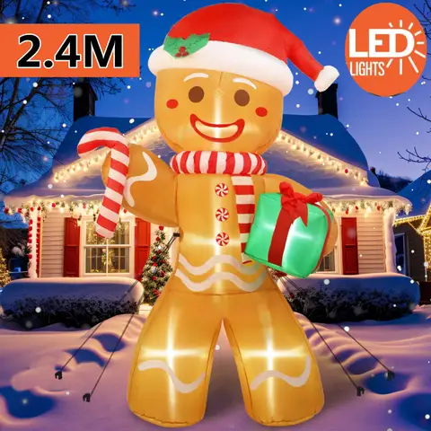8 pies/2,4 M inflables navideños hombre de jengibre con paquete de regalo decoraciones al aire libre decoraciones de patio de Navidad con luces LED para césped