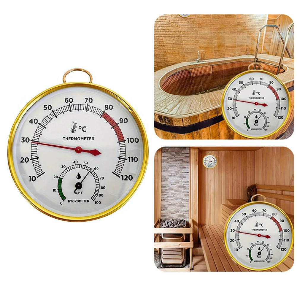Sauna temperature and humidity meter with metal body and glass for accurate readings from 10 to 120 degrees Celsius
Sauna temperature and humidity meter with metal body and glass for accurate readings from 10 to 120 degrees Celsius