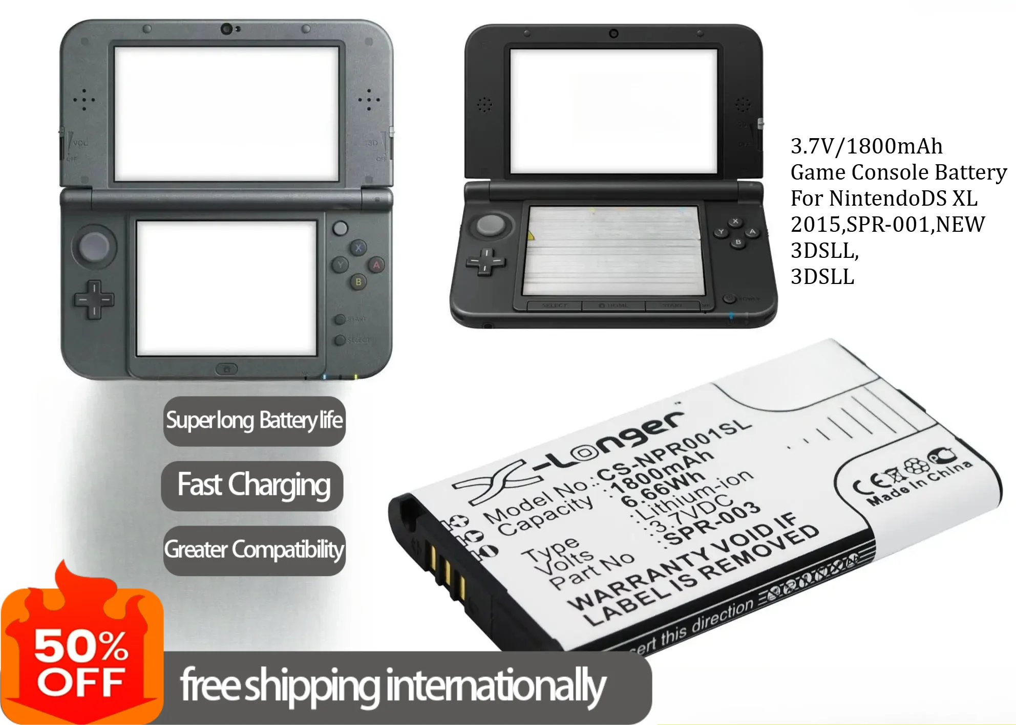 Аккумулятор повышенной емкости 1800 мАч SPR-003 SPR-A-BPAA-CO для Nintendo DS XL 2015, SPR-001, NEW 3DSLL, 3DSLL, длительное время работы
Аккумулятор повышенной емкости 1800 мАч SPR-003 SPR-A-BPAA-CO для Nintendo DS XL 2015, SPR-001, NEW 3DSLL, 3DSLL, длительное время работы