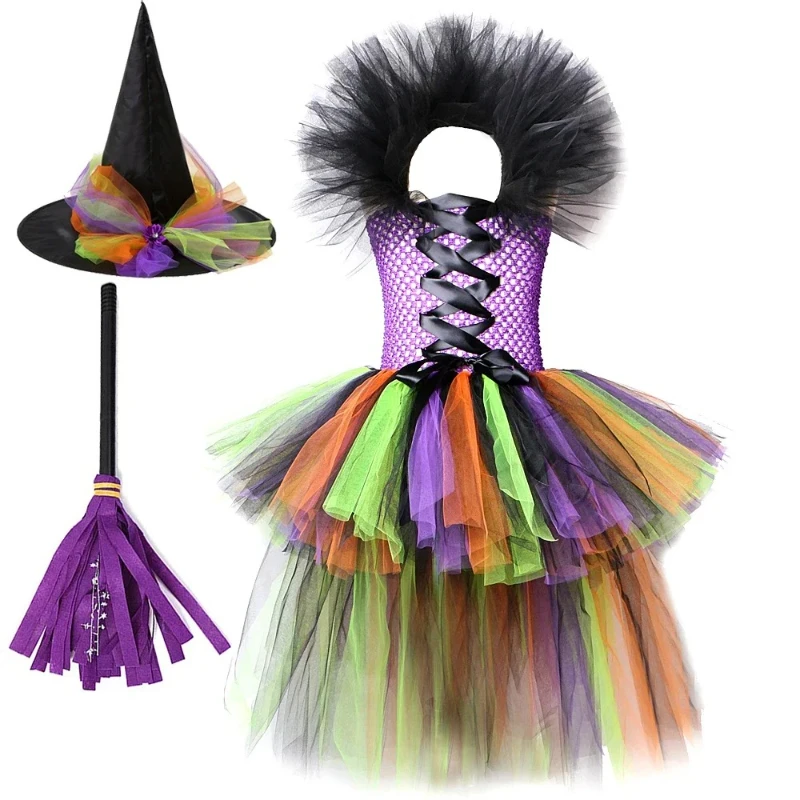 High Low Witch Tutu Dress for Girls Halloween Costumes for Kids Cosplay Party Dresses with Hat Broom Children Trailing Outfits
High Low Witch Tutu Dress for Girls Halloween Costumes for Kids Cosplay Party Dresses with Hat Broom Children Trailing Outfits
