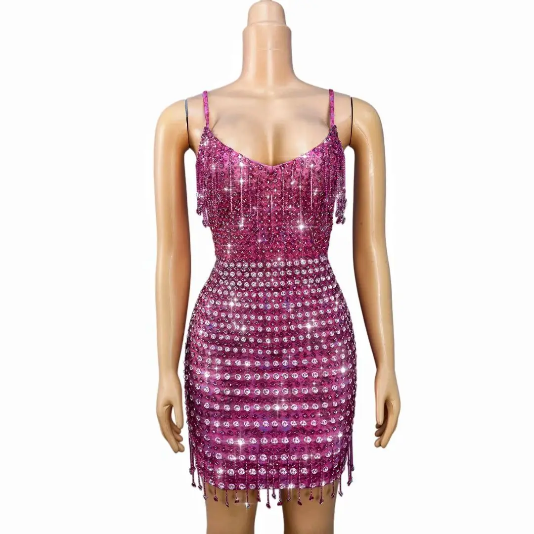Fenhupo Pink Rhinestone Fringe Mini Dress Women Sexy Spaghetti Strap Bodycon Dress for Nightclub Party Stage Performance
Fenhupo Pink Rhinestone Fringe Mini Dress Women Sexy Spaghetti Strap Bodycon Dress for Nightclub Party Stage Performance