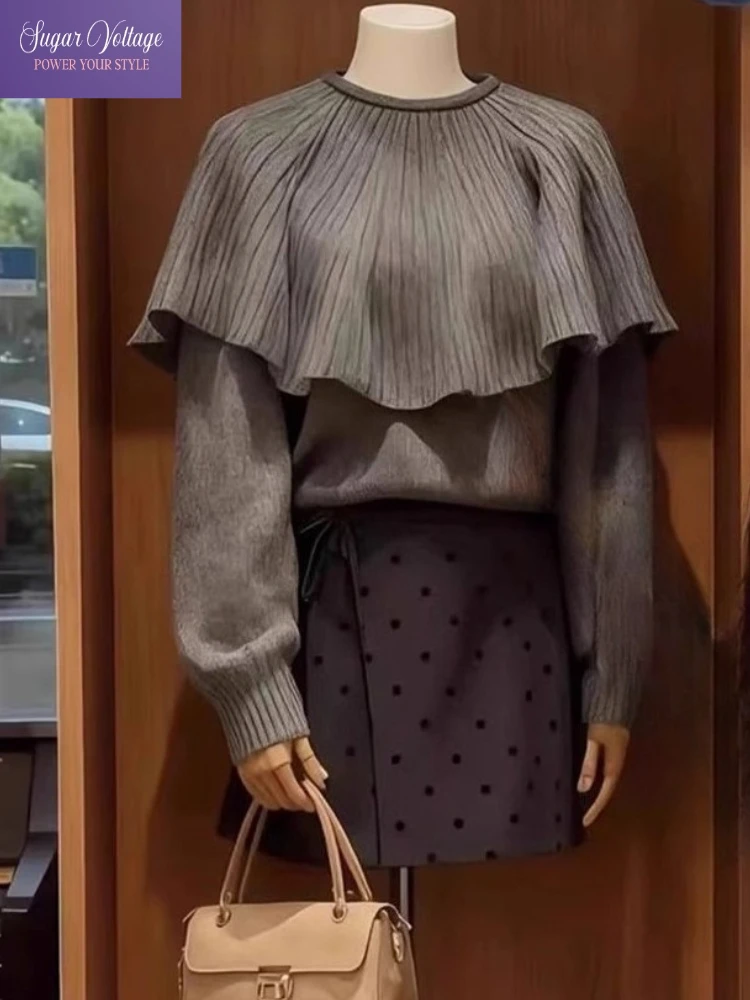 Korean Gray Knit Cape Sweater Set Women Autumn Elegant Slim Fit Ruffle Hem Two Piece Outfit Retro Sweet Style Daily Casual Wear
Korean Gray Knit Cape Sweater Set Women Autumn Elegant Slim Fit Ruffle Hem Two Piece Outfit Retro Sweet Style Daily Casual Wear