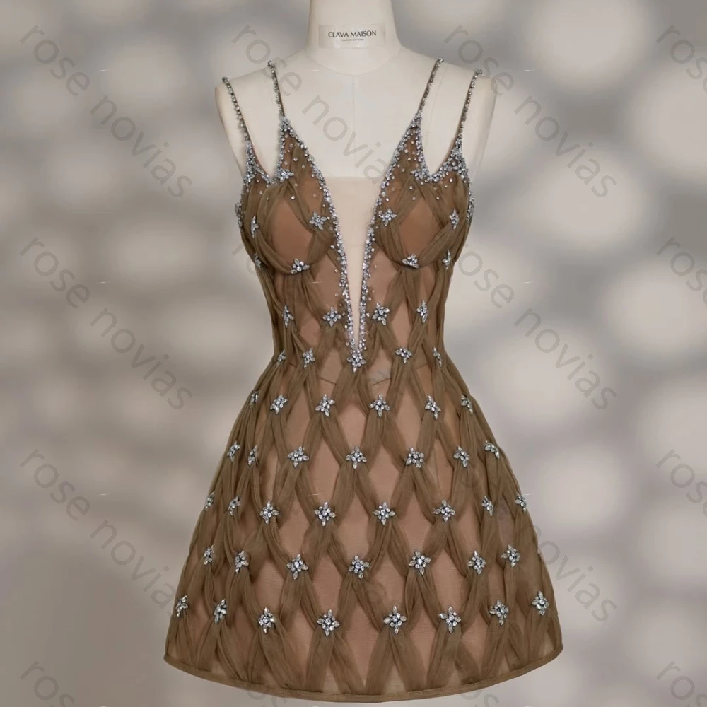 Coffee Brown Double Strap Deep V Neck Sheer Mesh Crisscross Woven Rhinestone Star Beaded A-Line Mini Cocktail Party Evening
Coffee Brown Double Strap Deep V Neck Sheer Mesh Crisscross Woven Rhinestone Star Beaded A-Line Mini Cocktail Party Evening