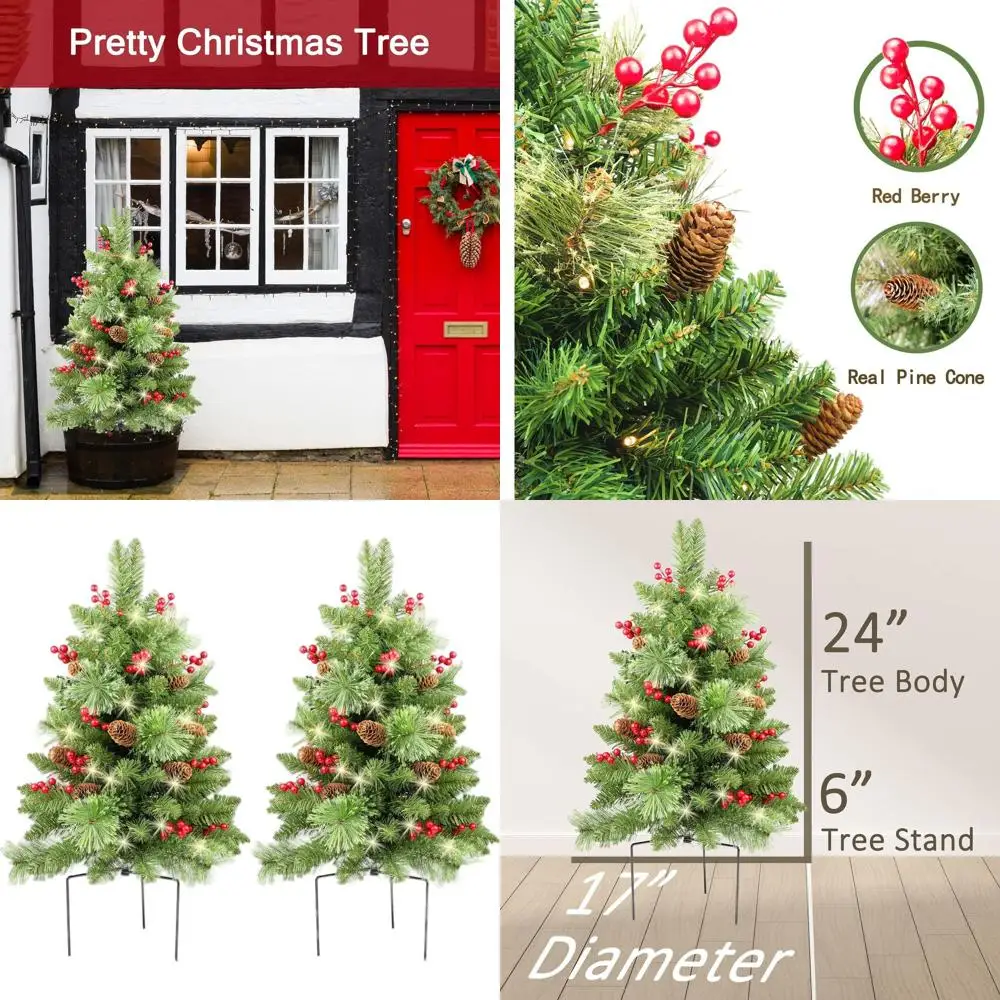 Battery-Powered LED Christmas Trees, 30-Inch Tall, Set of 2, for Outdoor Pathway and Porch Decor with Red Berries and Pine Cones
Battery-Powered LED Christmas Trees, 30-Inch Tall, Set of 2, for Outdoor Pathway and Porch Decor with Red Berries and Pine Cones