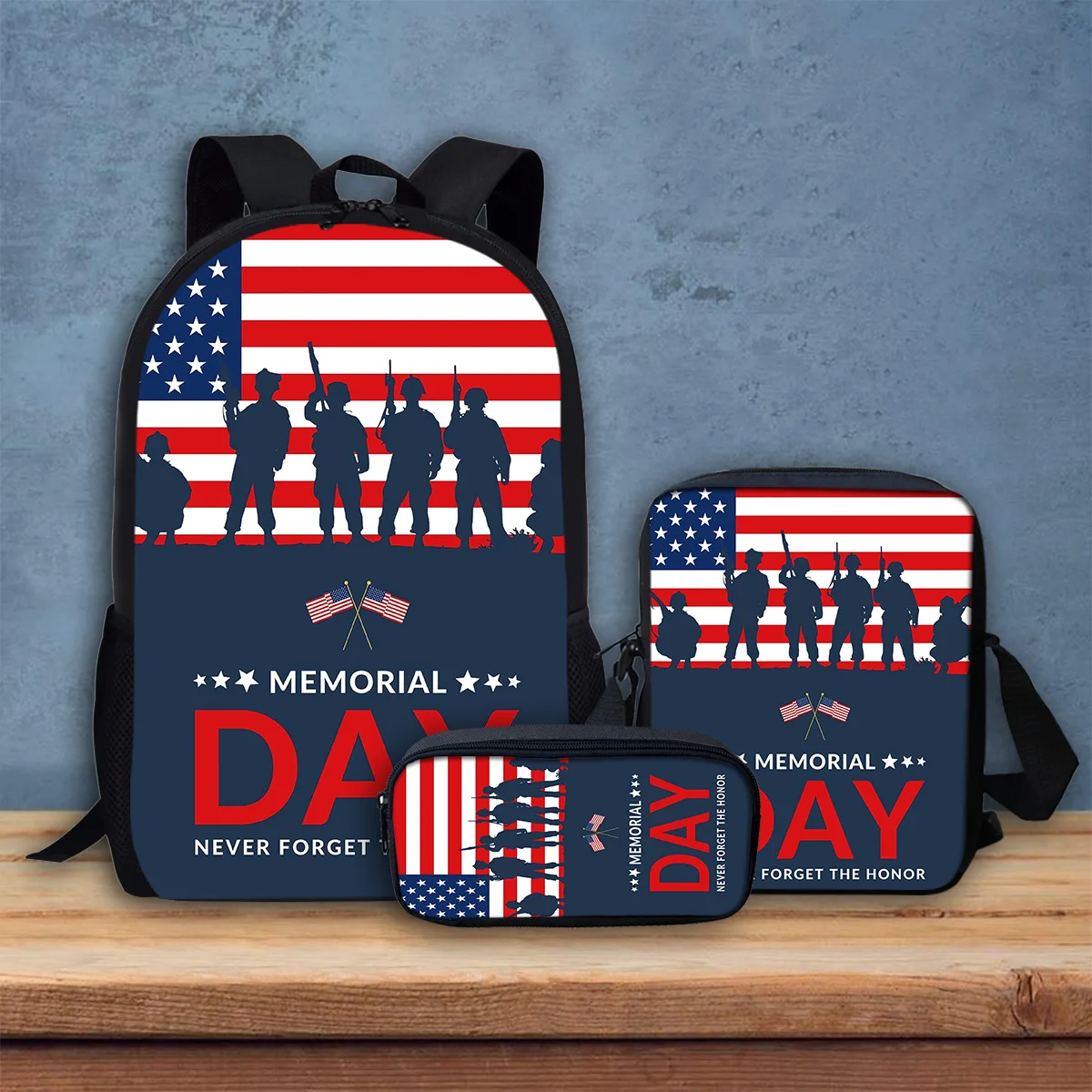 Memorial Day Pattern School Bag Portable Backpack Men Lunch Bag Veterans Bookbag Pencil Boxes 3 Pcs/Set Casual Travel Daypack
Memorial Day Pattern School Bag Portable Backpack Men Lunch Bag Veterans Bookbag Pencil Boxes 3 Pcs/Set Casual Travel Daypack