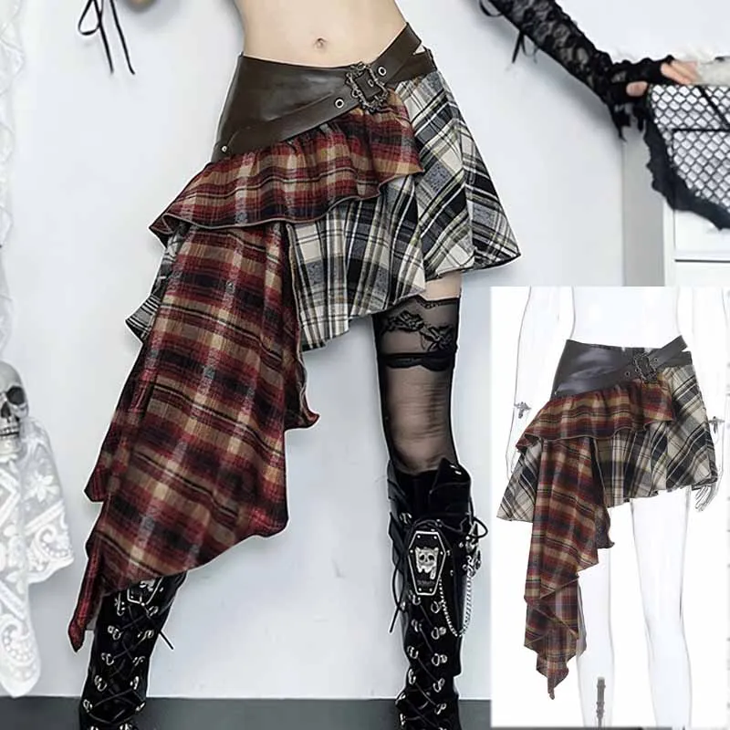 Goth Dark Street Style Splice Short Skirt Color Blocking Grid Metal Belt Mini Skirt Irregular Hem Chic Punk Woman Clothing
Goth Dark Street Style Splice Short Skirt Color Blocking Grid Metal Belt Mini Skirt Irregular Hem Chic Punk Woman Clothing 
