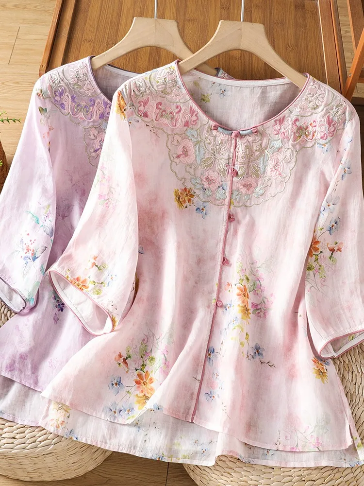 High-End Chinese Style Embroidered Linen Shirt Women's Summer Beautiful Button round Neck Cotton Linen Top Heavy Work Embroidery
High-End Chinese Style Embroidered Linen Shirt Women's Summer Beautiful Button round Neck Cotton Linen Top Heavy Work Embroidery
