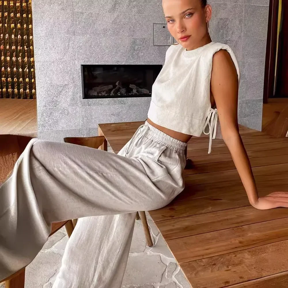 Women Cotton Linen 2-piece Set Padded Shoulders Sleeveless Hollow Out Lace-up Crop Top Elastic Waist Trousers Street Party Wear
Women Cotton Linen 2-piece Set Padded Shoulders Sleeveless Hollow Out Lace-up Crop Top Elastic Waist Trousers Street Party Wear