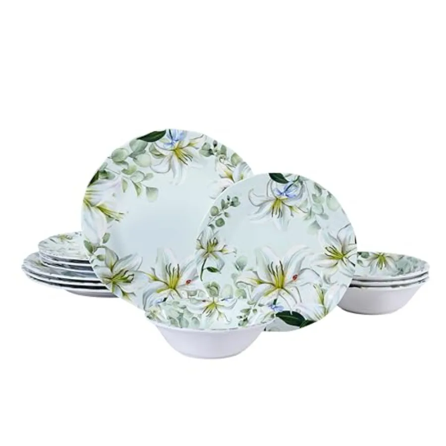 12-Piece Melamine Dinnerware Set - Shatterproof Plates and Bowls Sets for Everyday Dining, Elegant Lily Pattern Dish Set, Outdo
12-Piece Melamine Dinnerware Set - Shatterproof Plates and Bowls Sets for Everyday Dining, Elegant Lily Pattern Dish Set, Outdo