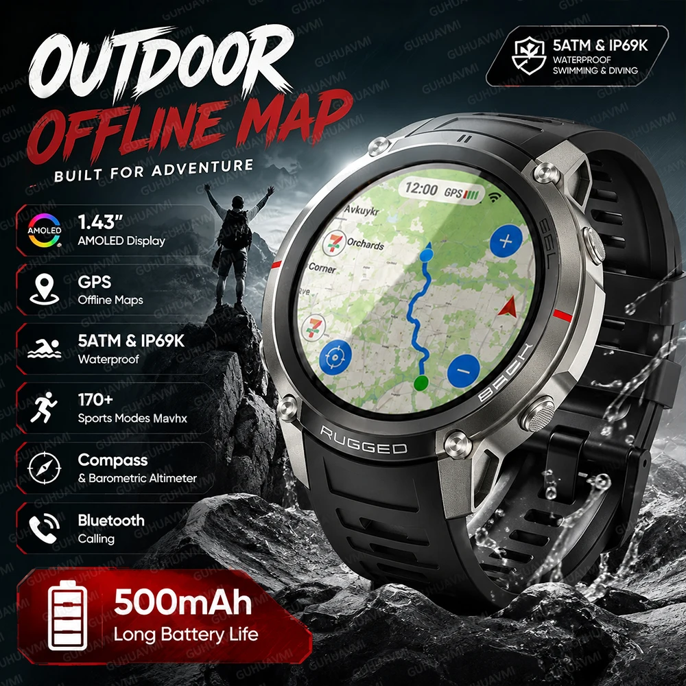 2026 Outdoor Offline Map Smart Watch GPS Navigation 5ATM Waterproof Swim Dive Clock Compass Altimeter Military Fitness Watch Men
2026 Outdoor Offline Map Smart Watch GPS Navigation 5ATM Waterproof Swim Dive Clock Compass Altimeter Military Fitness Watch Men