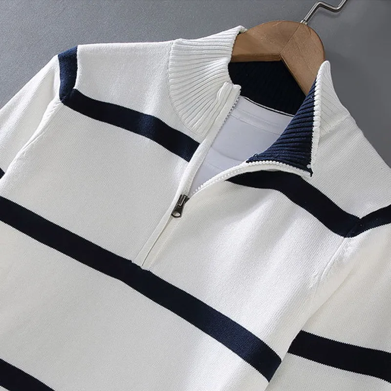 100% Cotton Men's Clothing Half Height Zipper Stand Collar Polo Sweater Autumn Winter Warm Standard Version Stripe Knitting
100% Cotton Men's Clothing Half Height Zipper Stand Collar Polo Sweater Autumn Winter Warm Standard Version Stripe Knitting