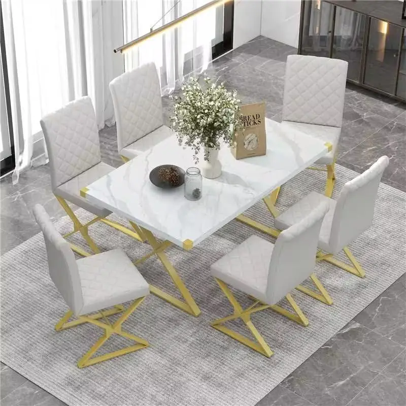 6 PU Leather Chairs with X-Shaped Gold Steel Pipe Legs for Dining Room, White
6 PU Leather Chairs with X-Shaped Gold Steel Pipe Legs for Dining Room, White