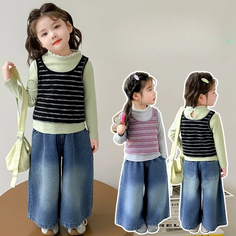 Весенне-осенние комплекты одежды для девочек, модные детские повседневные майки + клетчатый жилет + джинсовые широкие брюки, комплект из трех предметов
Весенне-осенние комплекты одежды для девочек, модные детские повседневные майки + клетчатый жилет + джинсовые широкие брюки, комплект из трех предметов