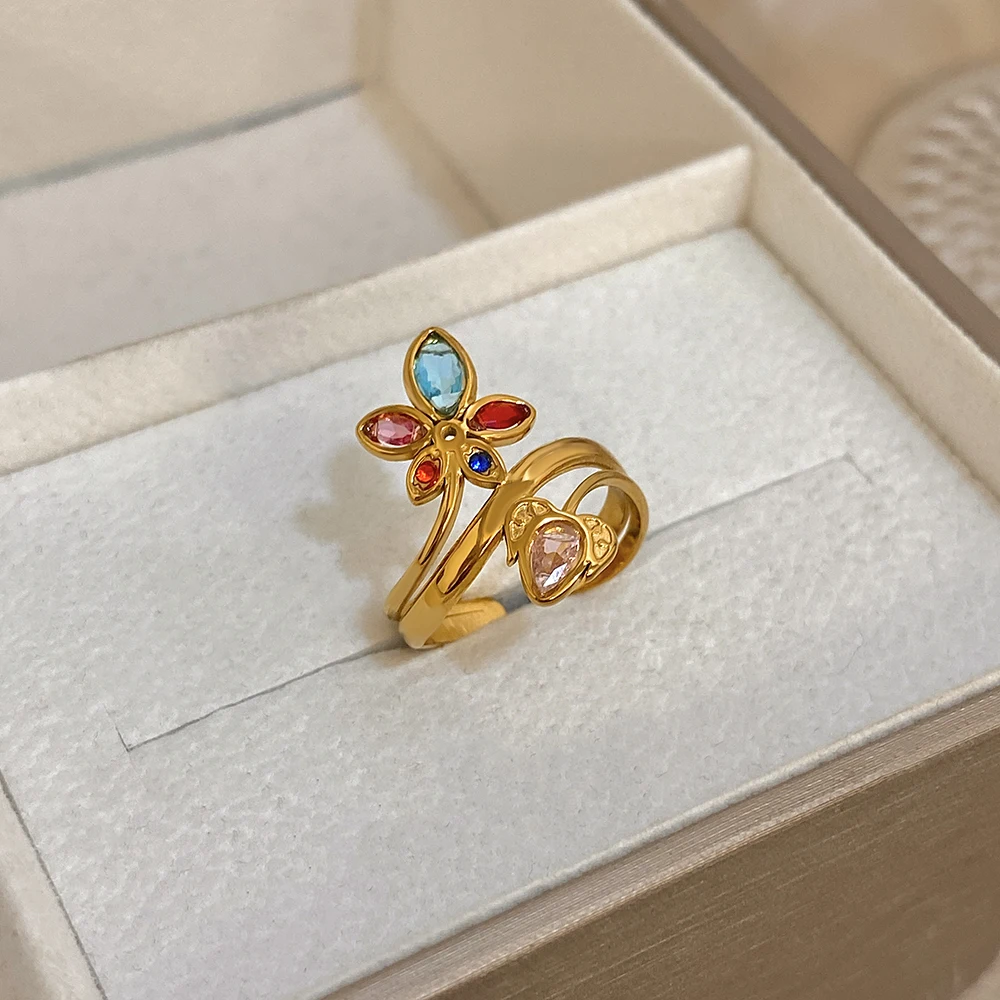DODOHAO Exquisite Colorful Zircon Interleave Flower Stainless Steel Ring for Women Golden Waterproof Open Ring Fashion Jewelry
DODOHAO Exquisite Colorful Zircon Interleave Flower Stainless Steel Ring for Women Golden Waterproof Open Ring Fashion Jewelry