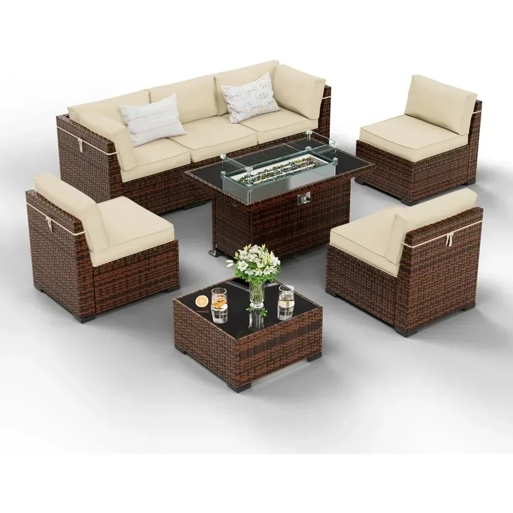 8 Pieces Patio Furniture Set with Glass Top Fire Pit Table Outdoor Furniture Sectional Rattan Sofa with Slanted Back Patio Couch
8 Pieces Patio Furniture Set with Glass Top Fire Pit Table Outdoor Furniture Sectional Rattan Sofa with Slanted Back Patio Couch