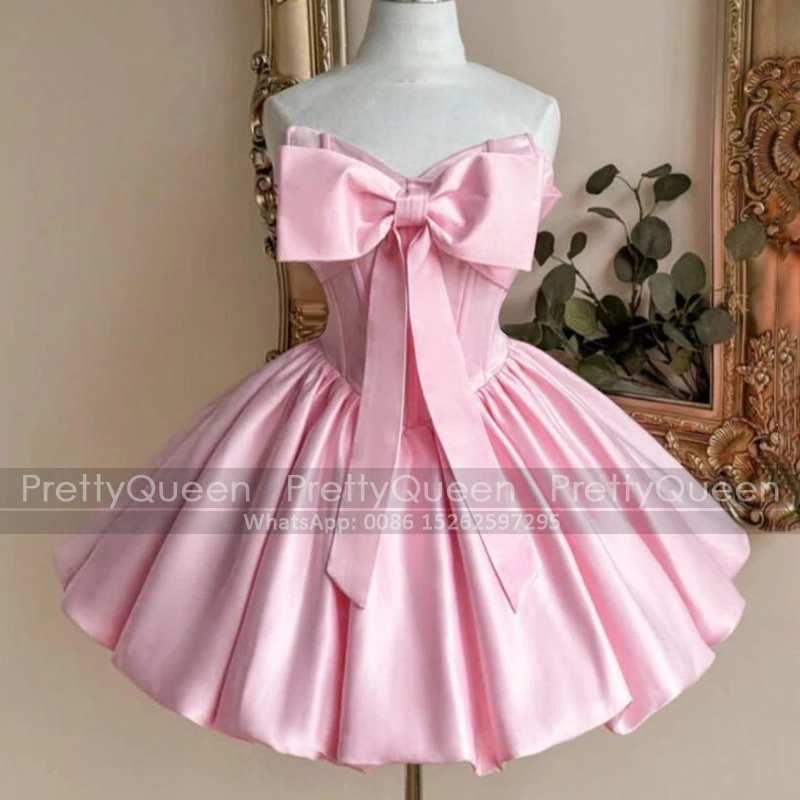 Pink Short Bridesmaid Dresses With Bow Strapless Sheer Neck Mini Customized Puffy A Line Wedding Party Dress
Pink Short Bridesmaid Dresses With Bow Strapless Sheer Neck Mini Customized Puffy A Line Wedding Party Dress