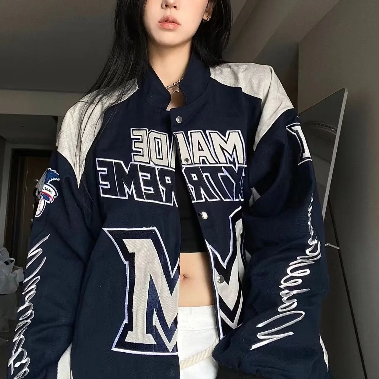 Retro Street High Street Heavy Industry Racing Motorcycle Jacket Retro Color blocked Alphabet Men's and Women's Trendy Jacket
Retro Street High Street Heavy Industry Racing Motorcycle Jacket Retro Color blocked Alphabet Men's and Women's Trendy Jacket