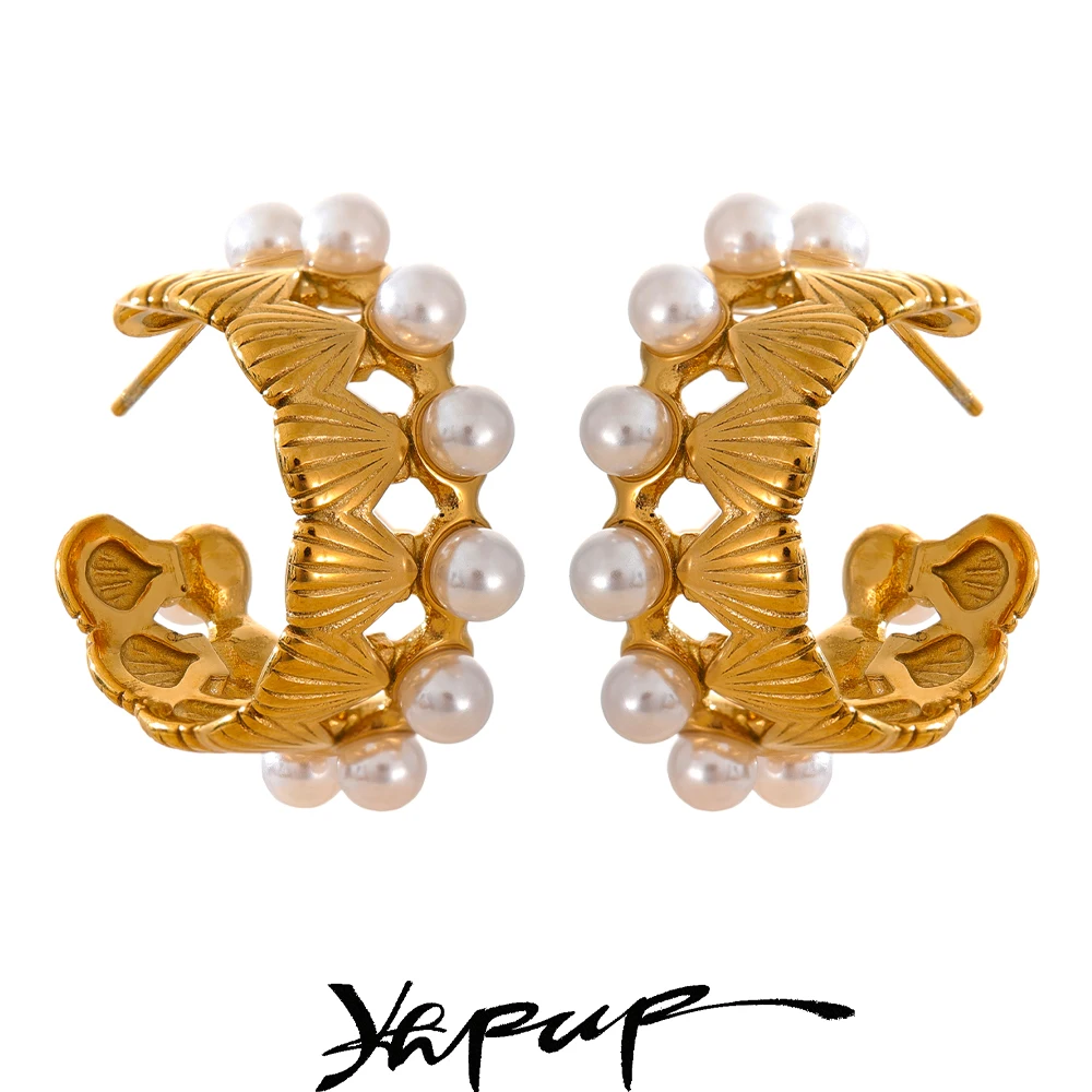 Yhpup Shell Casting Imitation Pearls Geometric Hoop Earrings Golden 18K Plated Stainless Steel Fashion Holiday Jewelry Gift
Yhpup Shell Casting Imitation Pearls Geometric Hoop Earrings Golden 18K Plated Stainless Steel Fashion Holiday Jewelry Gift