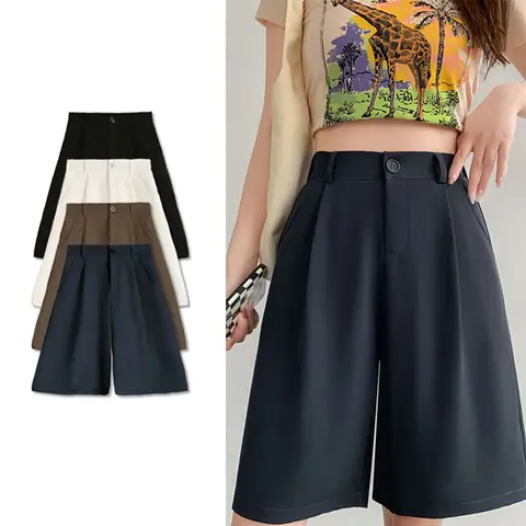 Czarne szyfonowe szorty z wysokim stanem dla kobiet Lato 2025 - Luźny krój Wyszczuplający styl biurowy Szerokie nogawki Lodowy jedwab Spodnie bermudy