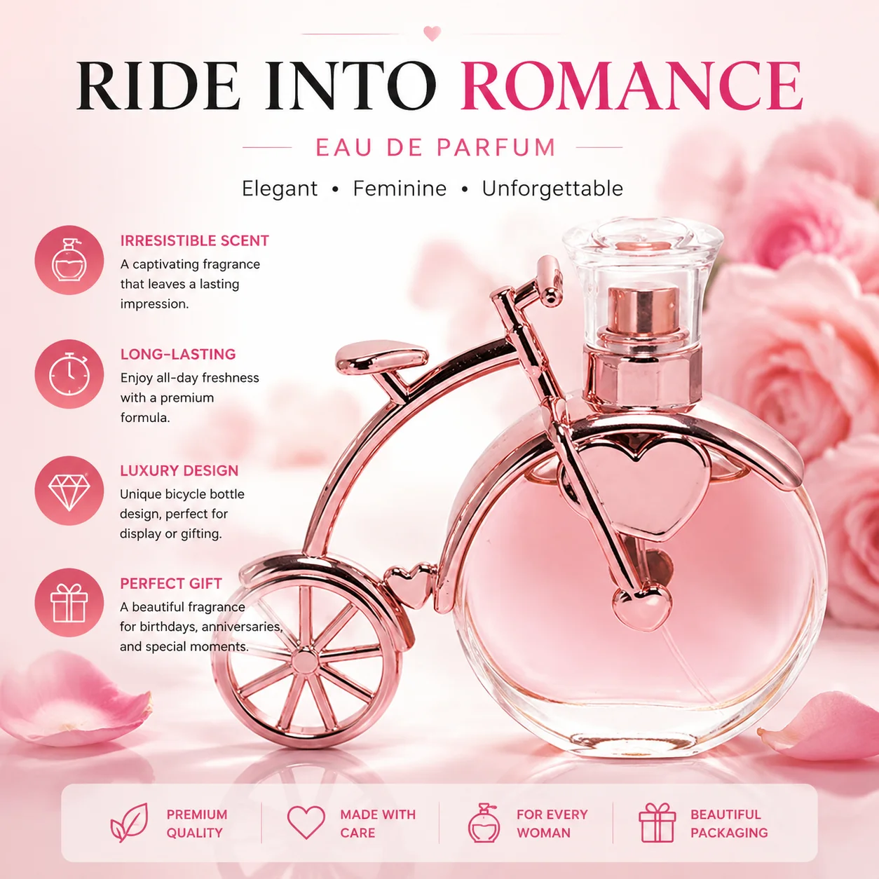 Rose Gold Bicycle Perfume Bottle For Women - Cute Bike Shaped Fragrance - Sweet Floral Scent Long Lasting - Unique Gift For Her
Rose Gold Bicycle Perfume Bottle For Women - Cute Bike Shaped Fragrance - Sweet Floral Scent Long Lasting - Unique Gift For Her