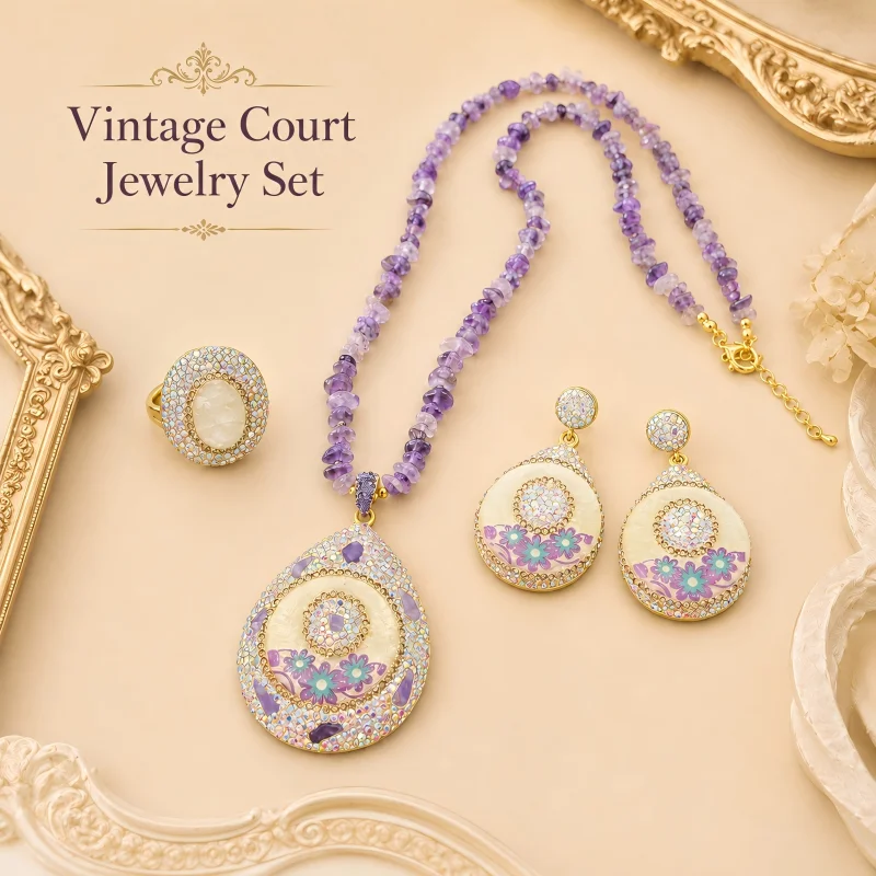 Vintage Court Jewelry Set for Women Purple Stone Chip Necklace Earrings Ring Rhinestone Floral Enamel Pendant Party Gift
Vintage Court Jewelry Set for Women Purple Stone Chip Necklace Earrings Ring Rhinestone Floral Enamel Pendant Party Gift