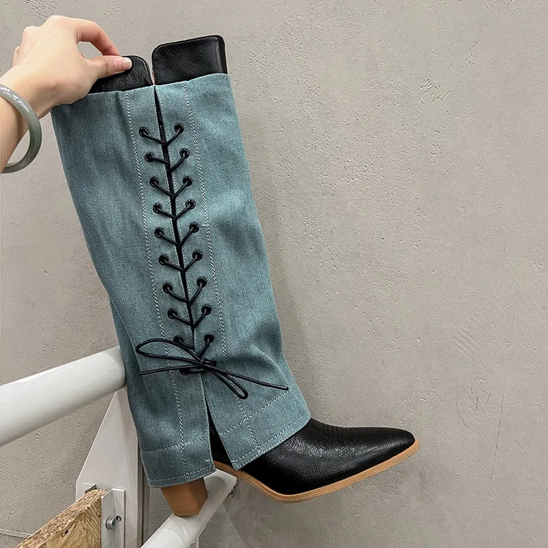 MKKHOU Fashion Knee High Boots Women's New High-Quality Genuine Leather Pointed Denim Lace Up High Heels Boots Long Boots Women
MKKHOU Fashion Knee High Boots Women's New High-Quality Genuine Leather Pointed Denim Lace Up High Heels Boots Long Boots Women