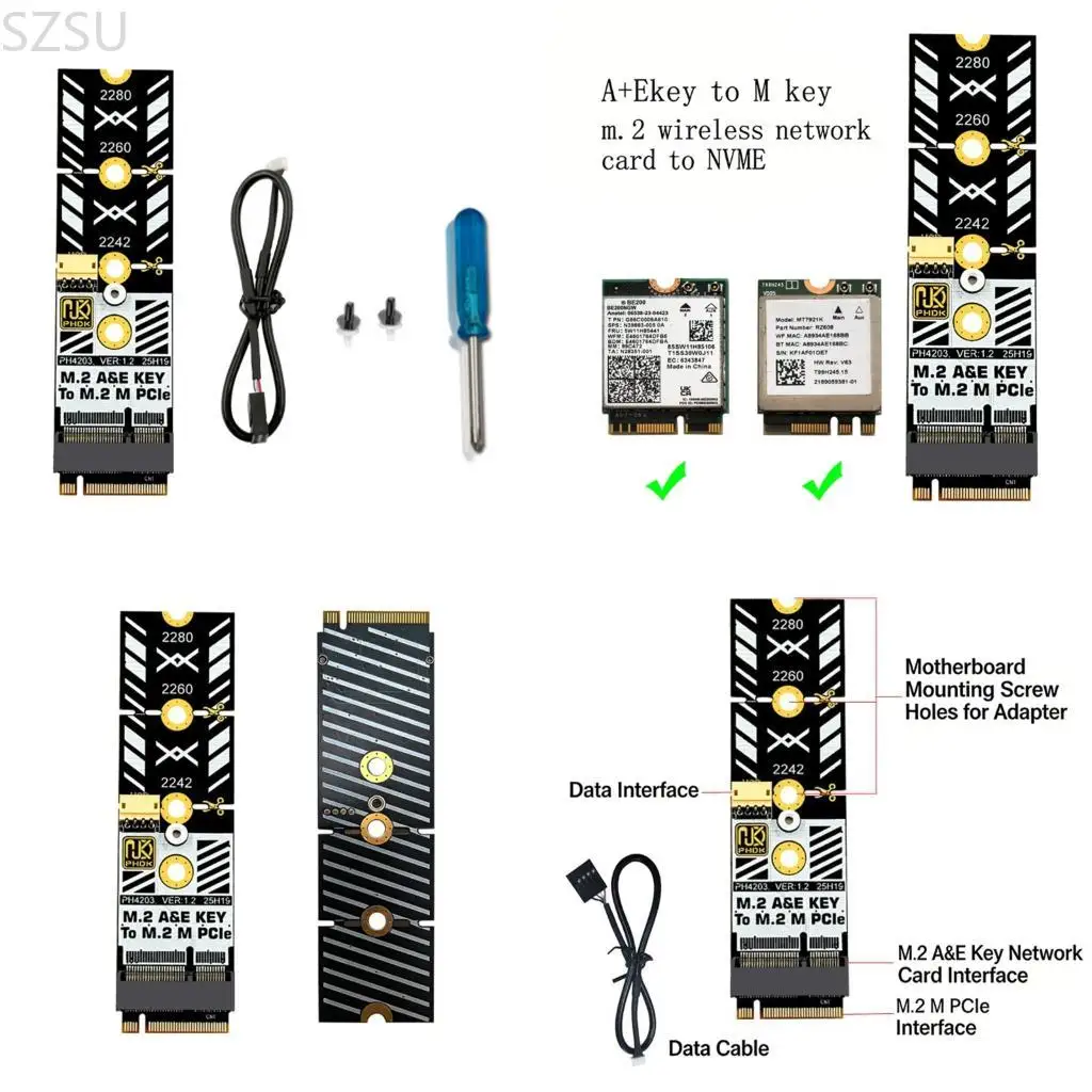 SZSU Plugs and Play M.2 Card A+E to M Adapter to NVME Slot Including Installation Accessories Such as Screws and Cable
SZSU Plugs and Play M.2 Card A+E to M Adapter to NVME Slot Including Installation Accessories Such as Screws and Cable