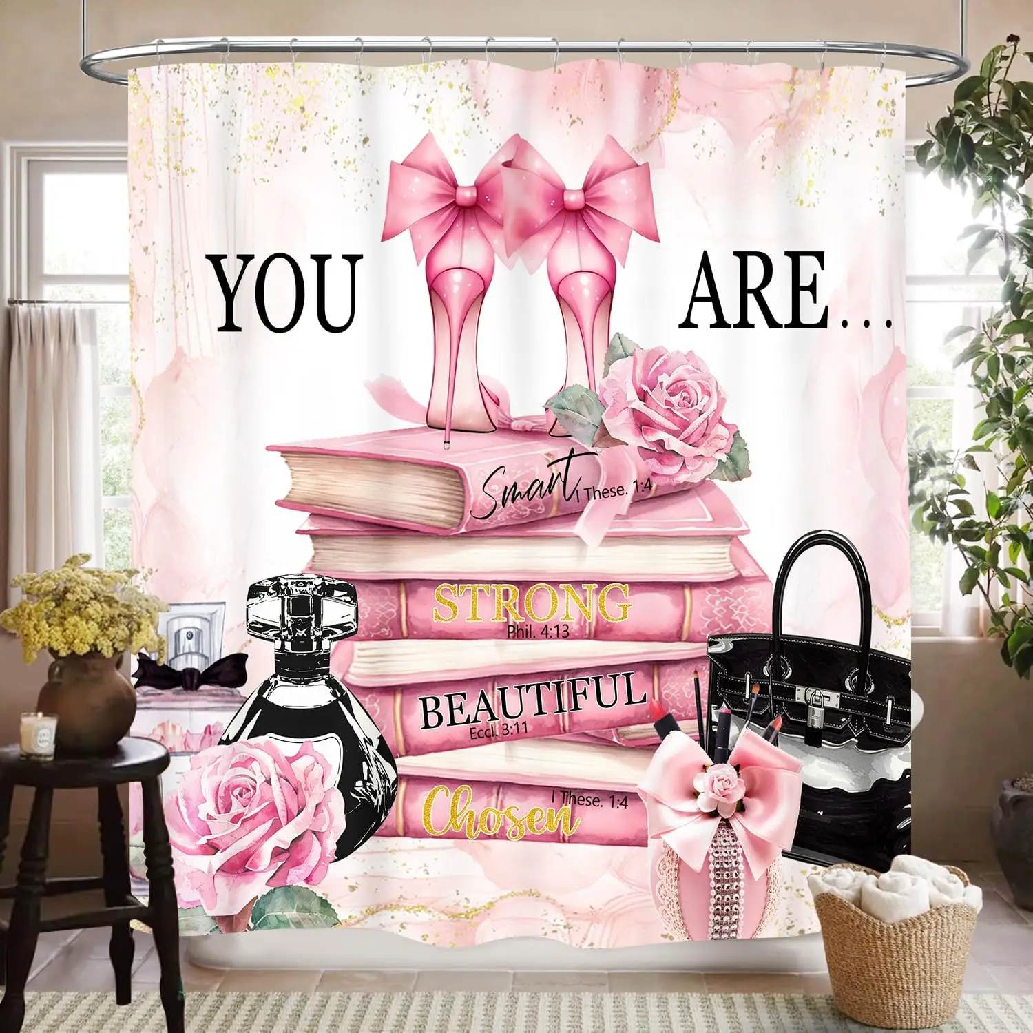 Fashion Woman Shower Curtain for Bathroom, Modern Pink Marble Perfume High Heels Floral Magazine Books Makeup Cosmetics Romantic
Fashion Woman Shower Curtain for Bathroom, Modern Pink Marble Perfume High Heels Floral Magazine Books Makeup Cosmetics Romantic