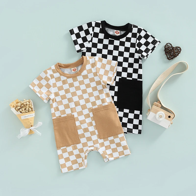 Baby Boys Girls Plaid Jumpsuit Round Neck Short Sleeve Checkerboard Printed Short Romper with Pockets
Baby Boys Girls Plaid Jumpsuit Round Neck Short Sleeve Checkerboard Printed Short Romper with Pockets