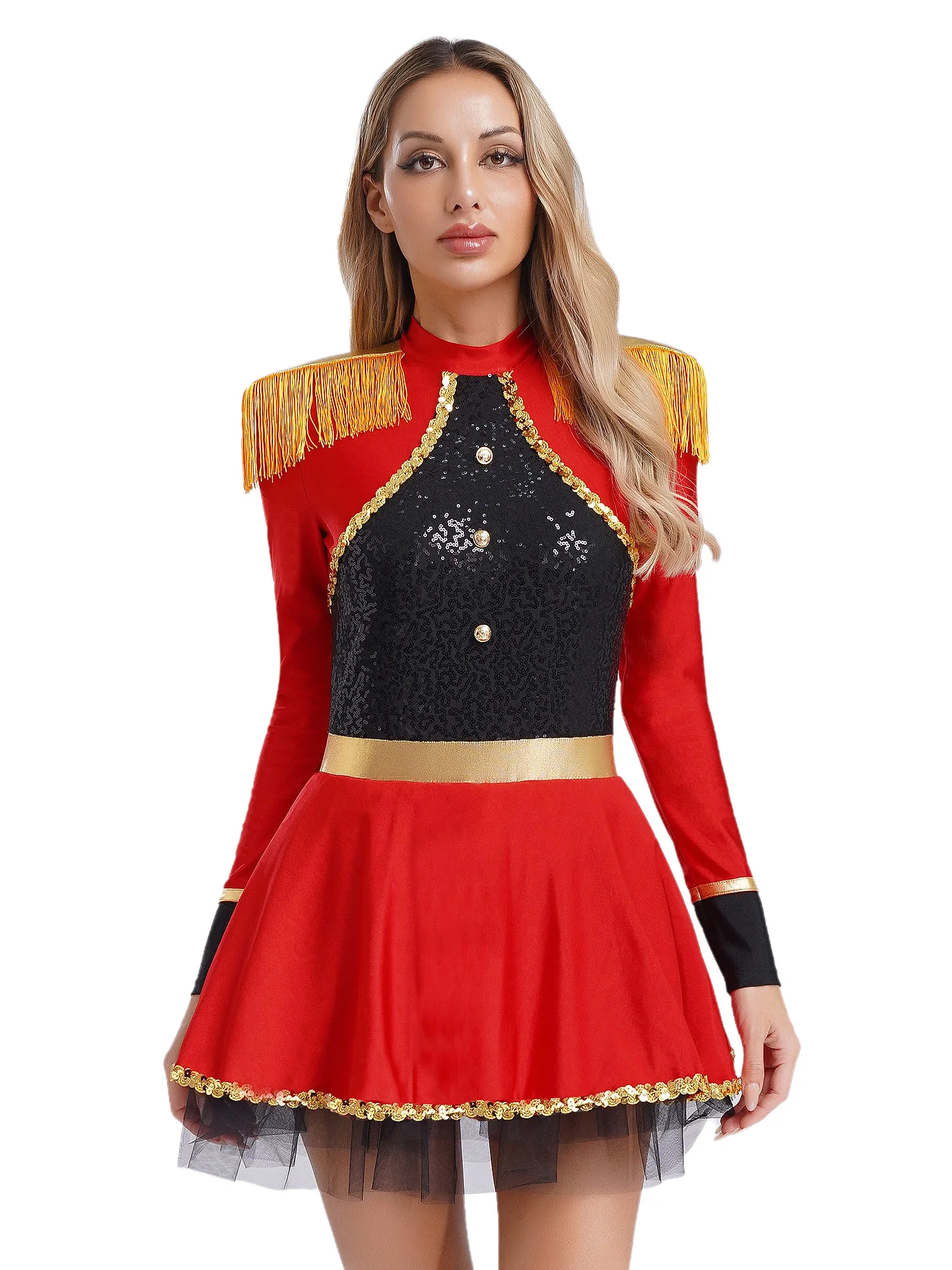 Women Circus Ringmaster Bodysuit Dress Long Sleeves Fringe Shoulder Dress Sparkly Sequins Circus Costume for Halloween
Women Circus Ringmaster Bodysuit Dress Long Sleeves Fringe Shoulder Dress Sparkly Sequins Circus Costume for Halloween