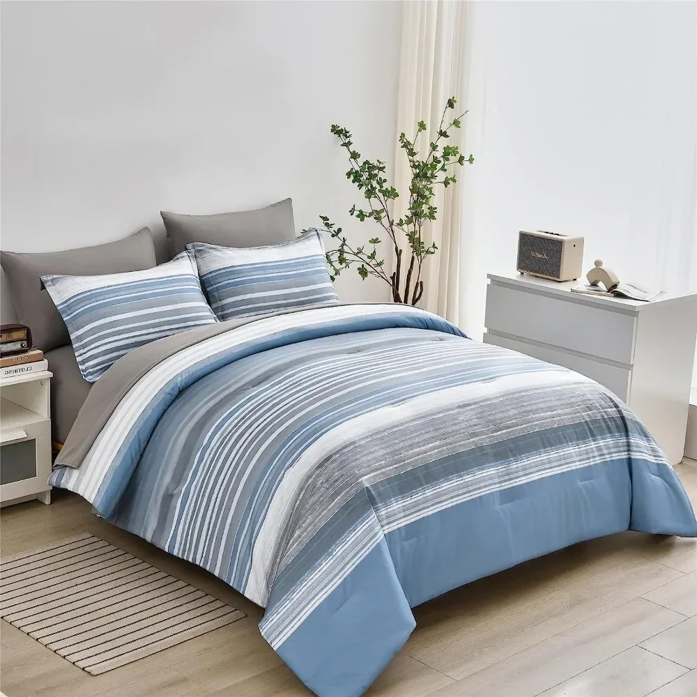 5 Piece Bed in A Bag Stripe Comforter Set Twin Size, White Grey Blue Striped Comforter and Sheet Set
5 Piece Bed in A Bag Stripe Comforter Set Twin Size, White Grey Blue Striped Comforter and Sheet Set