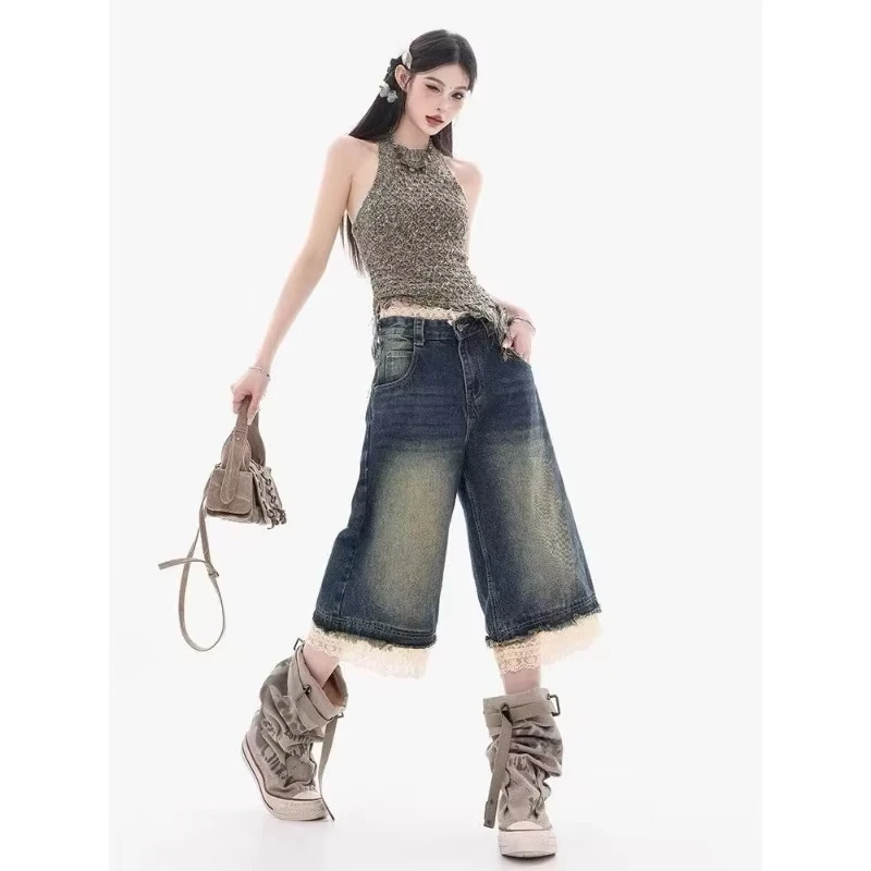 Women's 2026 Summer Retro Washed Blue Lace Spliced Denim Calf-length Pants High Waist Loose Casual Slim Wide Leg Jeans
Women's 2026 Summer Retro Washed Blue Lace Spliced Denim Calf-length Pants High Waist Loose Casual Slim Wide Leg Jeans
