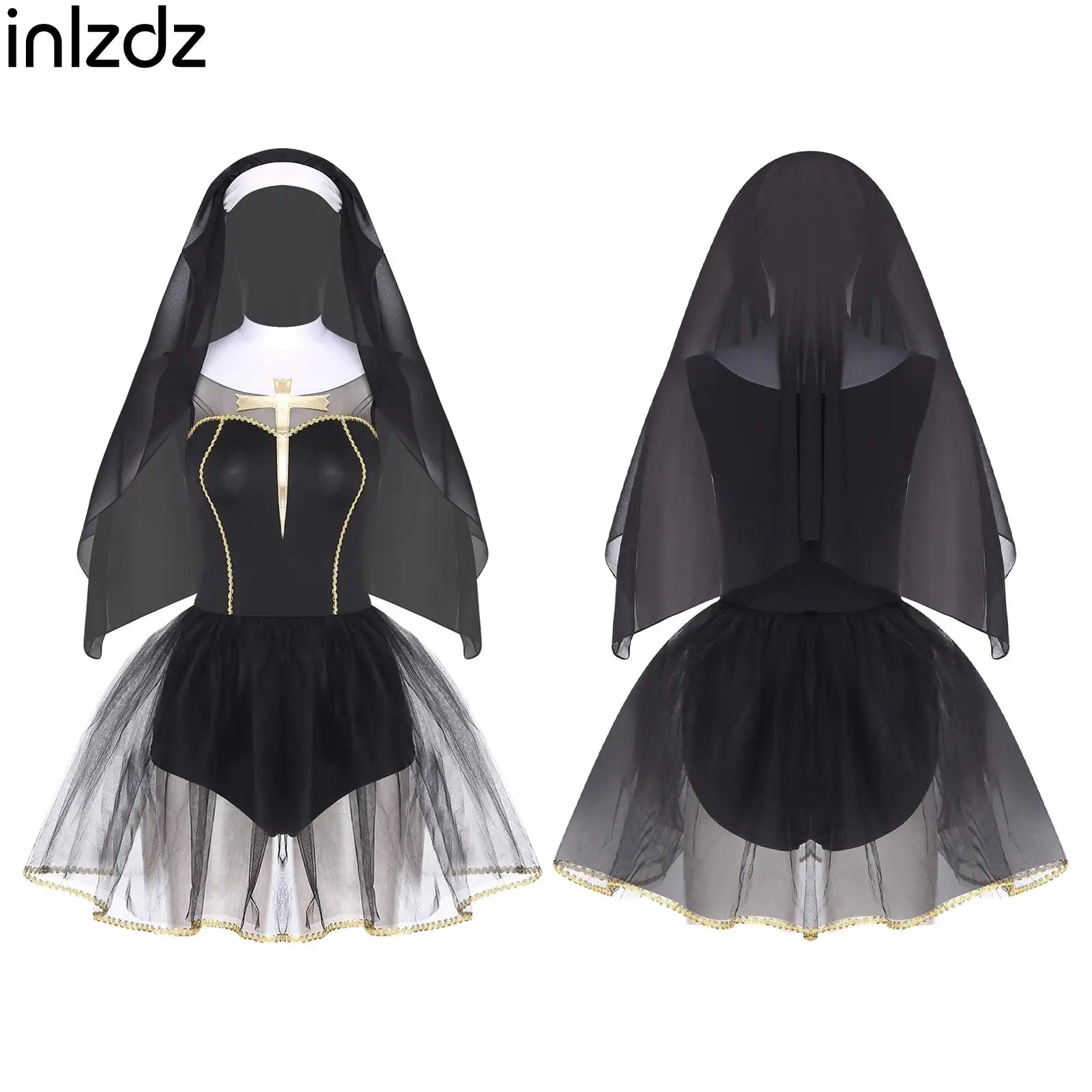 Womens Halloween Nun Cosplay Costume Outfit 2-layer Tulle Hem Built-in Briefs Dress+Wimple Hood for Sister Clergy Dress-up Party
Womens Halloween Nun Cosplay Costume Outfit 2-layer Tulle Hem Built-in Briefs Dress+Wimple Hood for Sister Clergy Dress-up Party