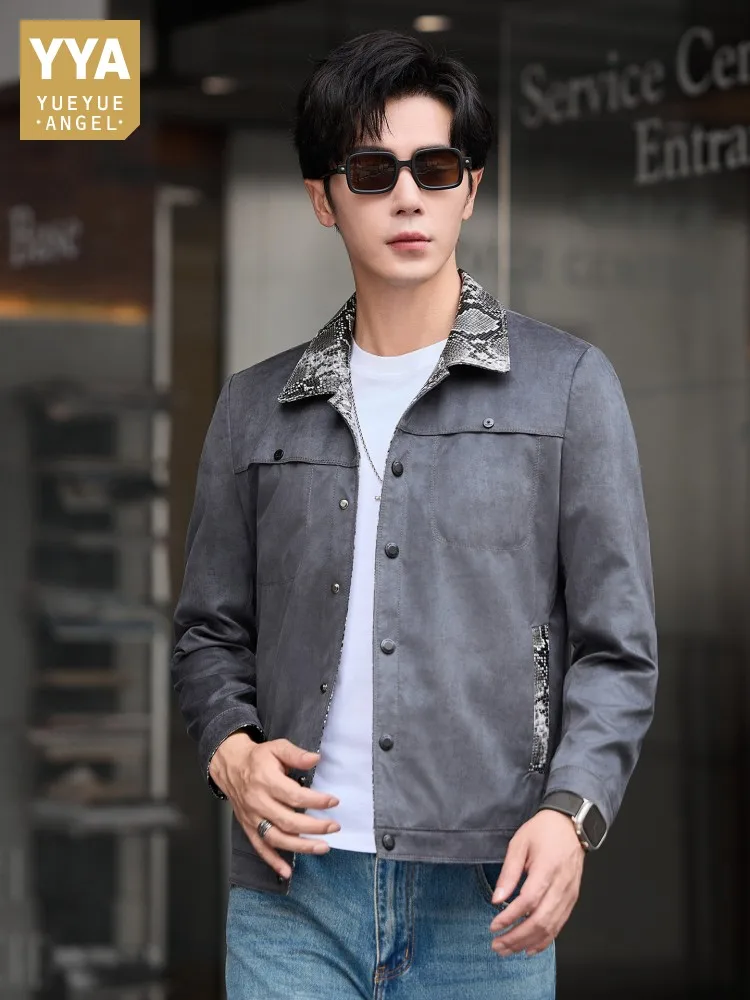 High Quality Mens Slim Sheepskin Spliced Suede Jacket Male Leather Snakeskin Pattern Jackets Single Breasted Lapel Collar Coat
High Quality Mens Slim Sheepskin Spliced Suede Jacket Male Leather Snakeskin Pattern Jackets Single Breasted Lapel Collar Coat
